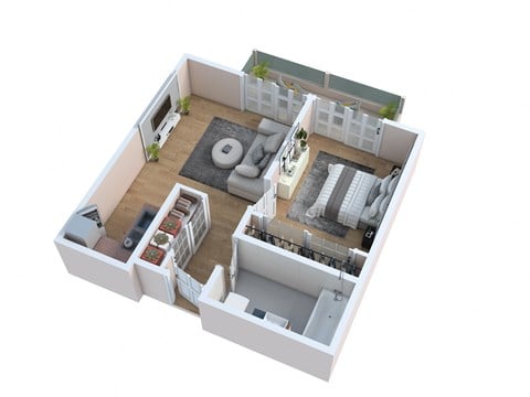 3D one Bedroom floor plan at The Laurel at Mountain View